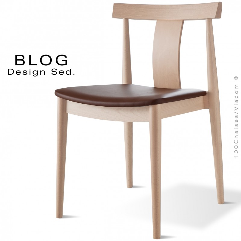 Chaise bois BLOG, structure bois de hêtre blanchi, assise cuir marron.