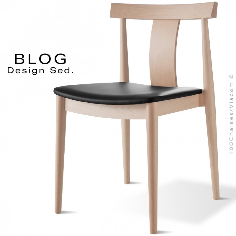 Chaise bois BLOG, structure bois de hêtre blanchi, assise cuir noir.