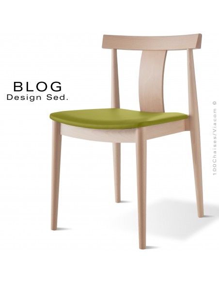 Chaise bois BLOG, structure bois de hêtre blanchi, assise cuir vert.