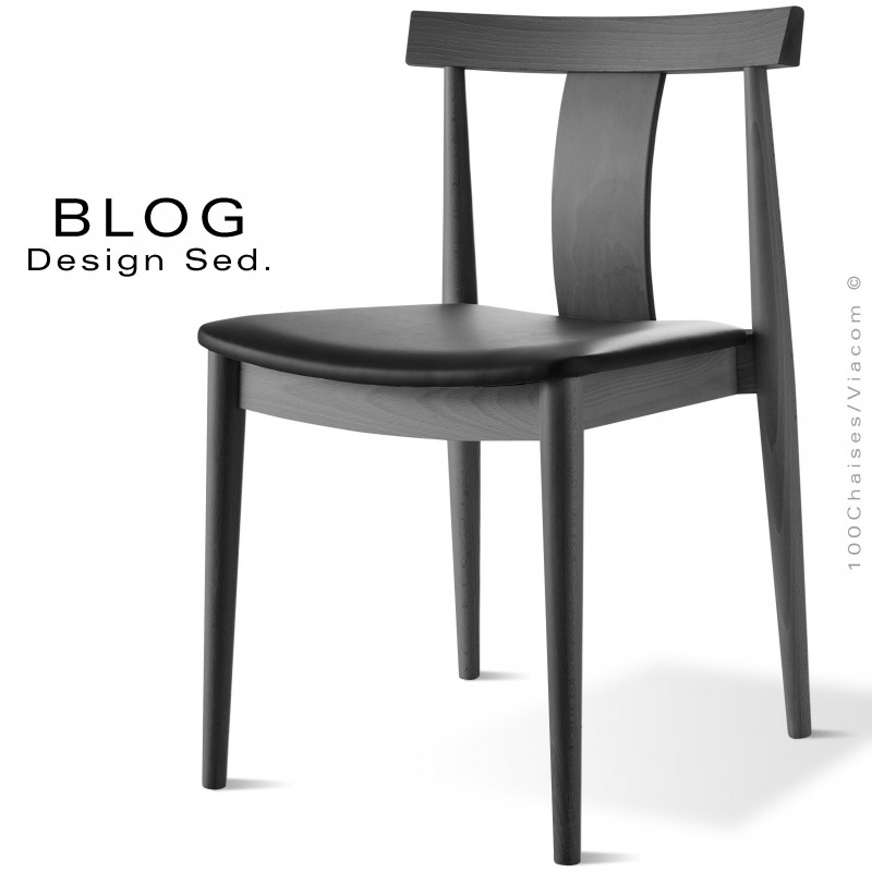 Chaise bois BLOG, structure bois de hêtre teinté noir, assise cuir noir.