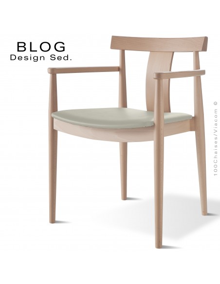 Fauteuil bois BLOG, structure bois de hêtre blanchi, assise garnie cuir gris clair.