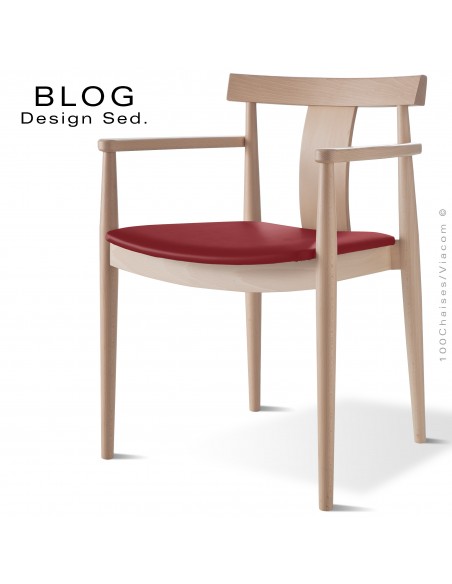 Fauteuil bois BLOG, structure bois de hêtre blanchi, assise garnie cuir rouge lit de vin.