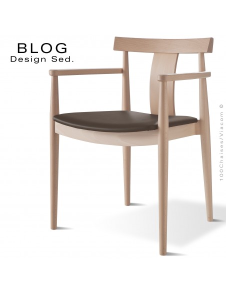 Fauteuil bois BLOG, structure bois de hêtre blanchi, assise garnie cuir taupe.