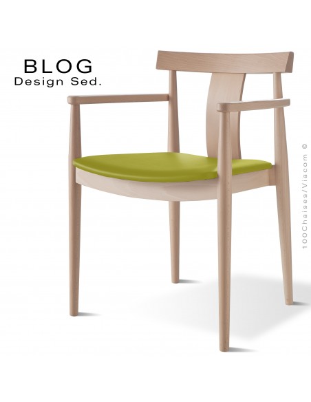 Fauteuil bois BLOG, structure bois de hêtre blanchi, assise garnie cuir vert.