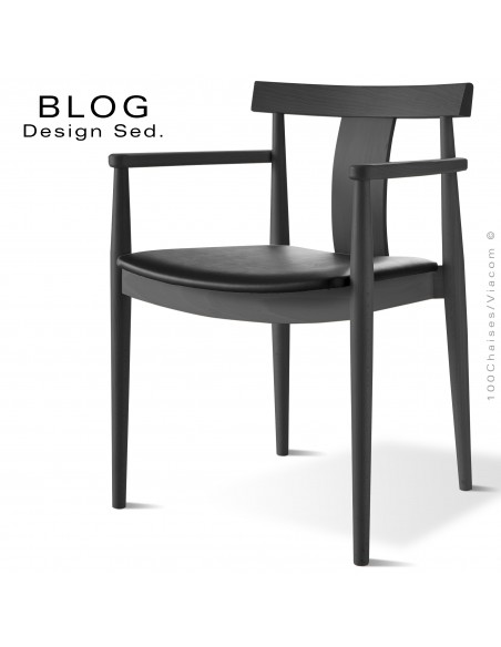 Fauteuil bois BLOG, structure bois de hêtre teinté noir, assise garnie cuir noir.