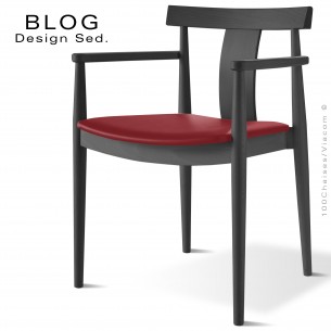 Fauteuil bois BLOG, structure bois de hêtre teinté noir, assise garnie cuir rouge lit de vin.
