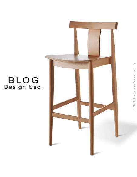 Tabouret de bar bois BLOG, structure hêtre finition chêne vernis naturel, pour collectivités.