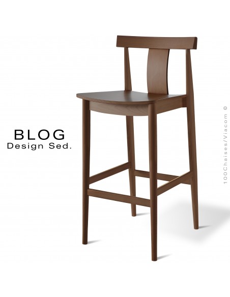 Tabouret de bar bois BLOG, structure hêtre vernis moka, pour collectivités, CHR.