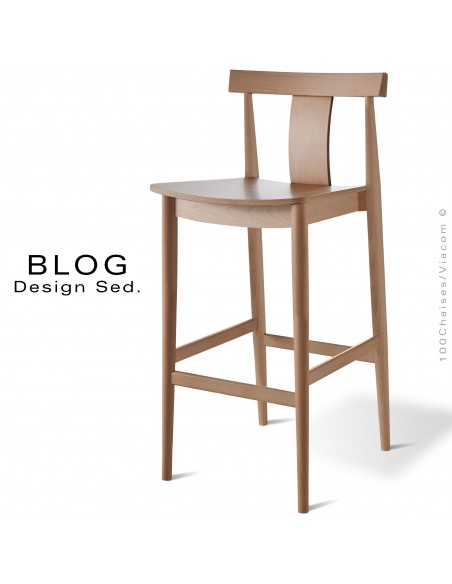 Tabouret de bar bois BLOG, structure hêtre vernis naturel, pour collectivités, CHR.