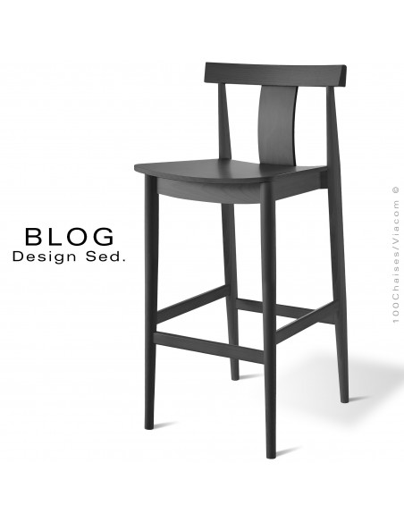 Tabouret de bar bois BLOG, structure hêtre teinté noir, pour bar lounge, collectivités, CHR.