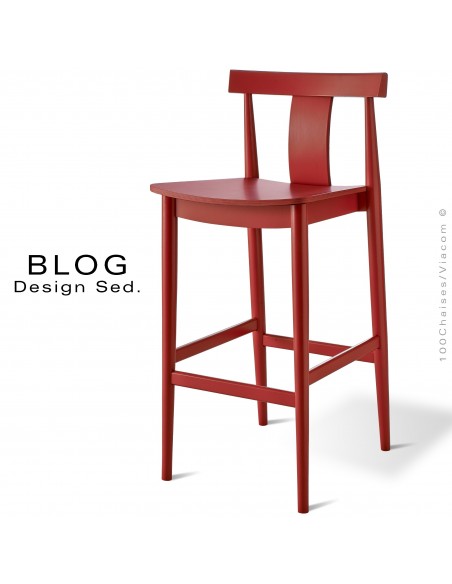 Tabouret de bar bois BLOG, structure hêtre peinture rouge ou autre au choix, pour bar lounge, collectivités, CHR.