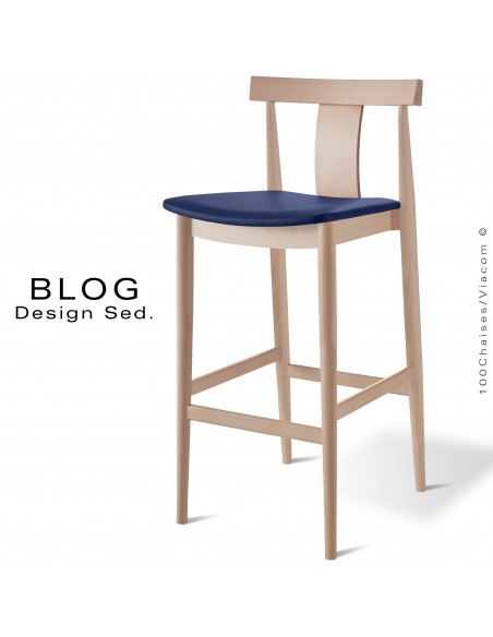 Tabouret de bar en bois BLOG, structure bois de hêtre blanchi, assise cuir bleu foncé.