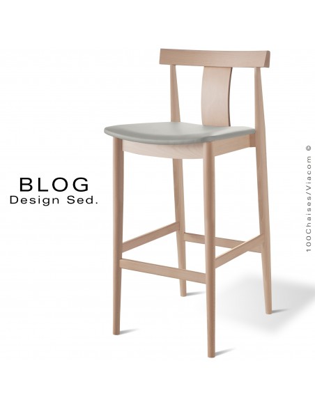 Tabouret de bar en bois BLOG, structure bois de hêtre blanchi, assise cuir gris clair.