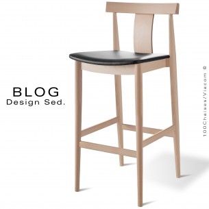 Tabouret de bar en bois BLOG, structure bois de hêtre blanchi, assise cuir noir.