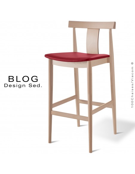 Tabouret de bar en bois BLOG, structure bois de hêtre blanchi, assise cuir rouge lit de vin.