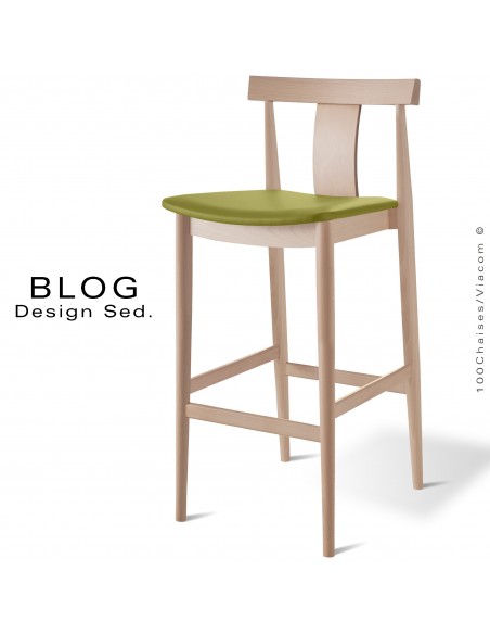 Tabouret de bar en bois BLOG, structure bois de hêtre blanchi, assise cuir vert.