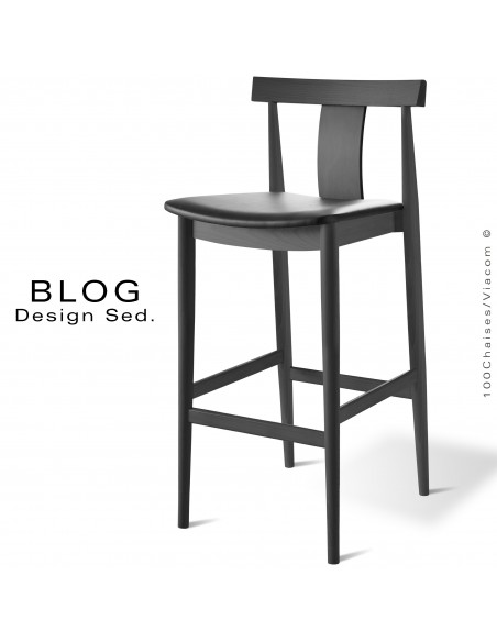 Tabouret de bar en bois BLOG, structure bois de hêtre teinté noir, assise cuir noir.