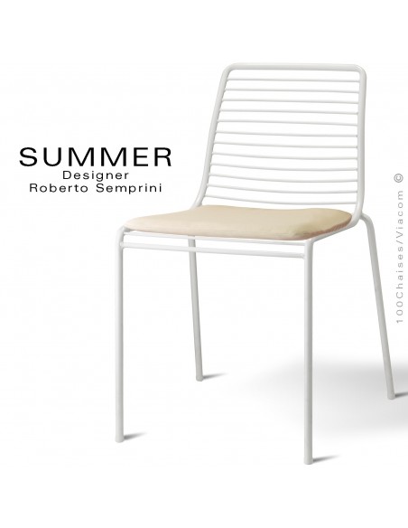 Chaise SUMMER, pour terrasse et extérieur, structure acier peint blanc avec coussin d'assise - Lot de 2 pièces.