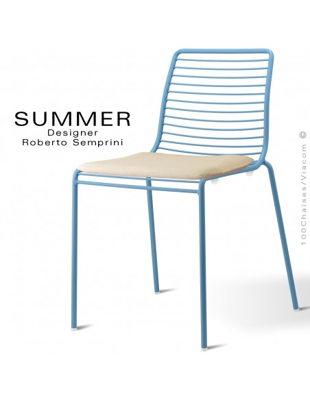 Chaise SUMMER, pour terrasse et extérieur, structure acier peint bleu avec coussin d'assise - Lot de 2 pièces.