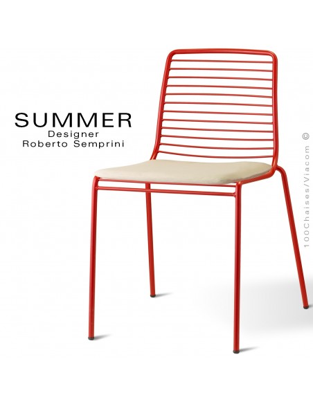 Chaise SUMMER, pour terrasse et extérieur, structure acier finition peint rouge avec coussin d'assise - Lot de 2 pièces.