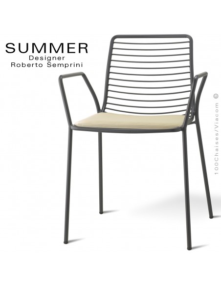 Fauteuil design SUMMER, pour terrasse et extérieur, structure acier peint anthracite avec coussin d'assise - Lot de 2 pièces.