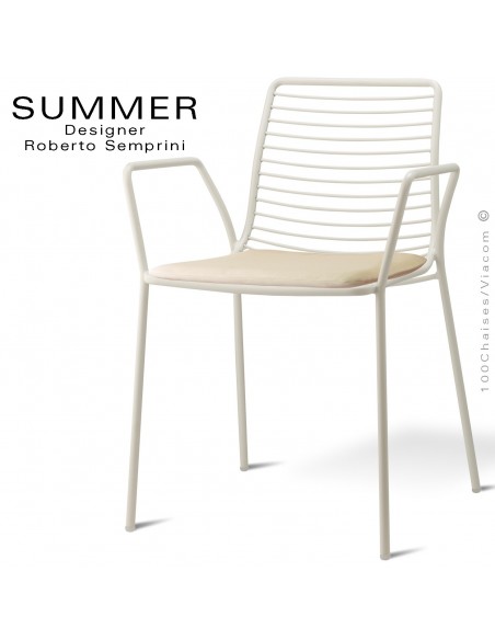 Fauteuil design SUMMER, pour terrasse et extérieur, structure acier peint couleur blanc avec coussin d'assise - Lot de 2 pièces.