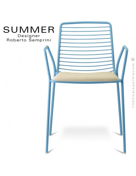 Fauteuil design SUMMER, pour terrasse et extérieur, structure acier peint couleur bleu avec coussin d'assise - Lot de 2 pièces.