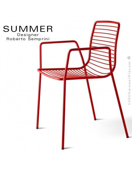 Fauteuil design SUMMER, pour terrasse et extérieur, structure acier peint couleur rouge - Lot de 2 pièces.