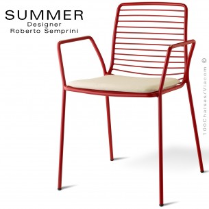 Fauteuil design SUMMER, pour terrasse et extérieur, structure acier peint couleur rouge avec coussin d'assise - Lot de 2 pièces.