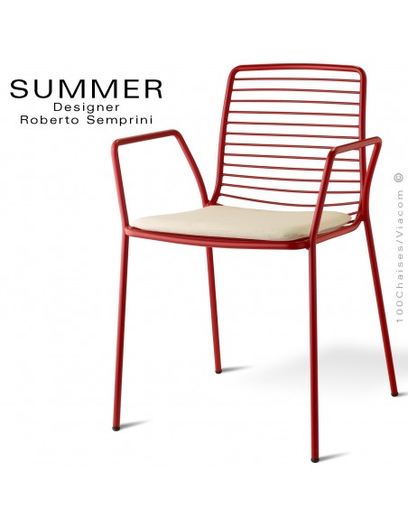 Fauteuil design SUMMER, pour terrasse et extérieur, structure acier peint couleur rouge avec coussin d'assise - Lot de 2 pièces.