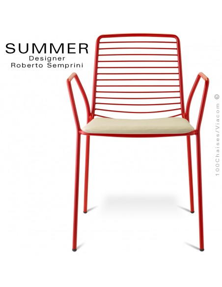 Fauteuil design SUMMER, pour terrasse et extérieur, structure acier peint couleur rouge avec coussin d'assise - Lot de 2 pièces.