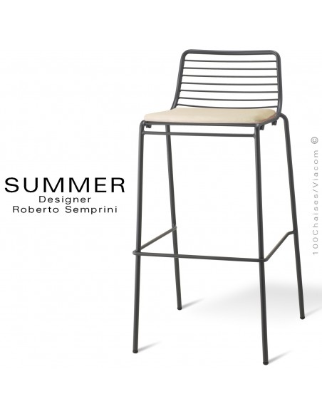 Tabouret de bar design SUMMER, pour terrasse et extérieur, structure acier peint couleur anthracite, option coussin d'assise.