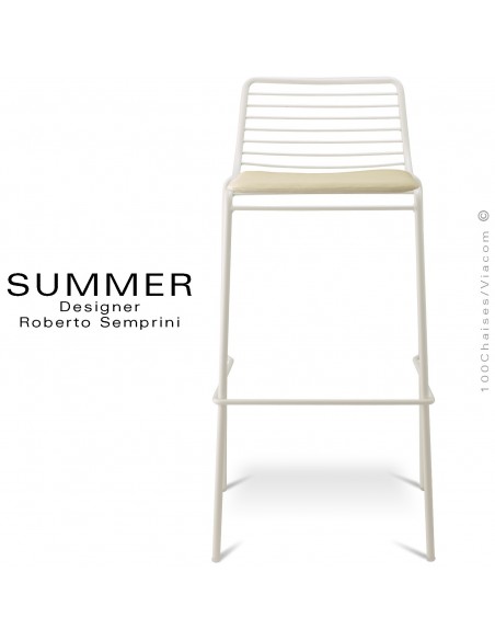 Tabouret de bar design SUMMER, pour terrasse et extérieur, structure acier peint couleur blanc, option avec coussin d'assise.