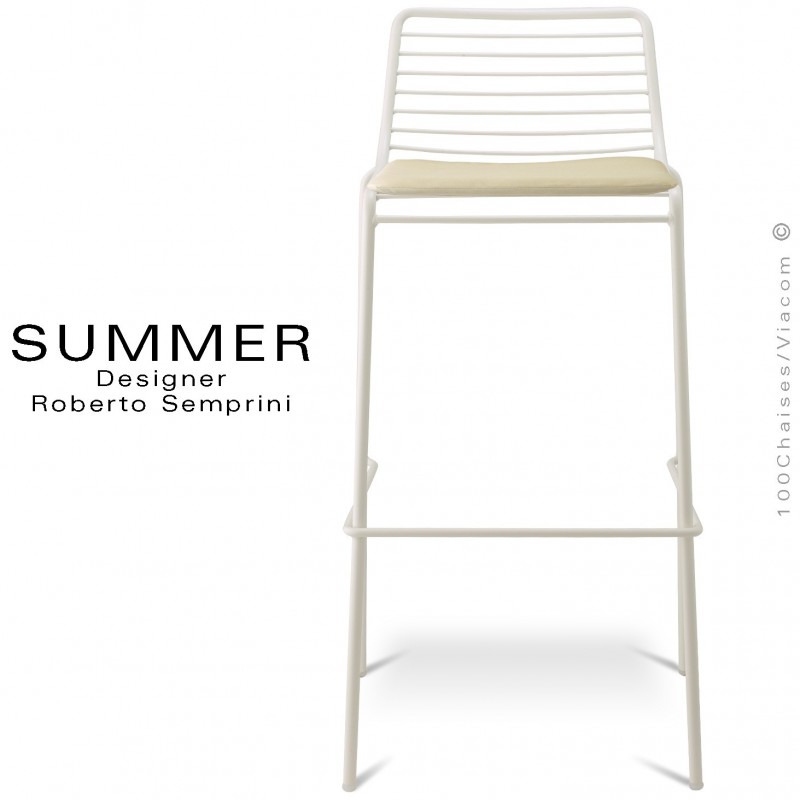 Tabouret de bar design SUMMER, pour terrasse et extérieur, structure acier peint couleur blanc, option avec coussin d'assise.