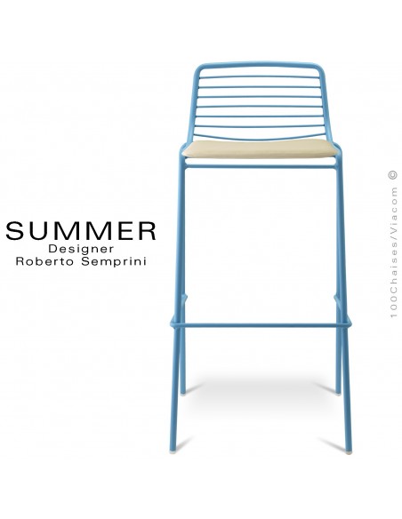 Tabouret de bar design SUMMER, pour terrasse et extérieur, structure acier peint couleur bleu, option avec coussin d'assise.
