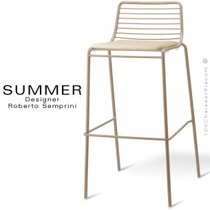 Tabouret de bar design SUMMER, pour terrasse et extérieur, structure acier peint couleur gris tourterelle, avec coussin.