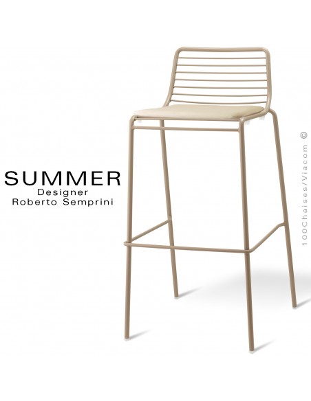 Tabouret de bar design SUMMER, pour terrasse et extérieur, structure acier peint couleur gris tourterelle, avec coussin.