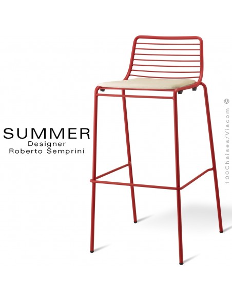 Tabouret de bar design SUMMER, pour terrasse et extérieur, structure acier peint couleur rouge, option avec coussin d'assise.