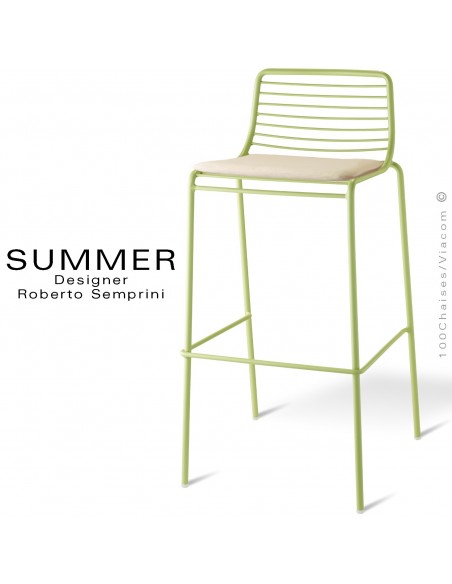 Tabouret de bar design SUMMER, pour terrasse et extérieur, structure acier peint couleur vert, option avec coussin d'assise.