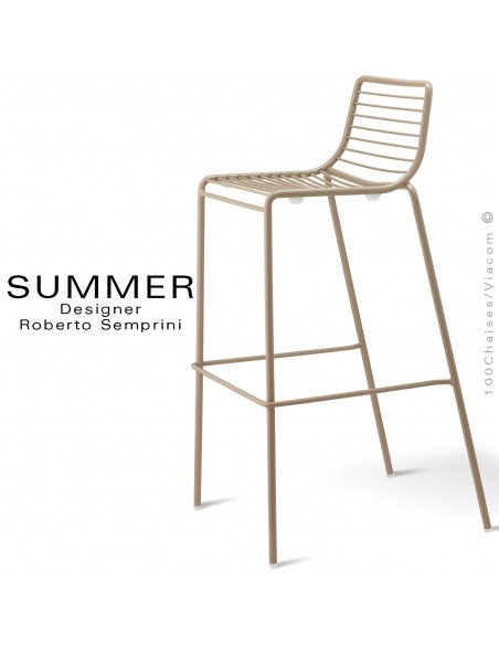 Tabouret de bar design SUMMER, pour terrasse et extérieur, structure acier peint couleur gris tourterelle.