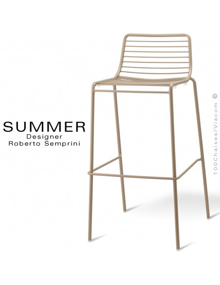 Tabouret de bar design SUMMER, pour terrasse et extérieur, structure acier peint couleur gris tourterelle.