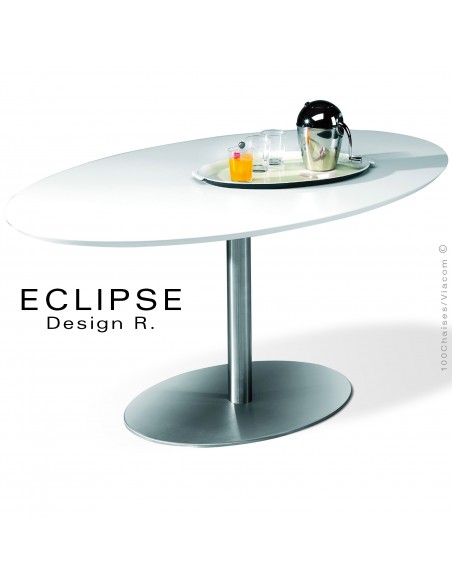 Table ovale ECLIPSE sur pied central inox, plateau stratifié HPL blanc.