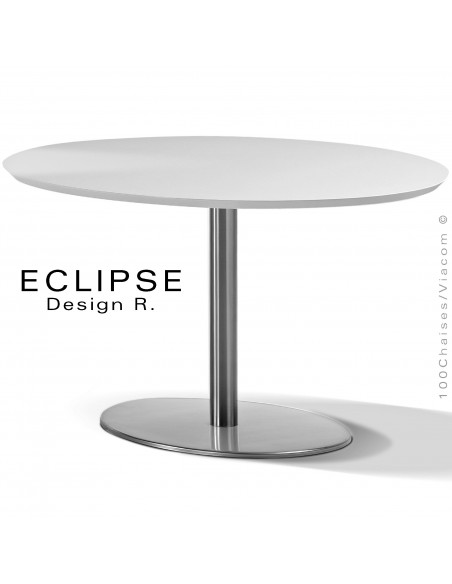Table ovale ECLIPSE sur pied central inox, plateau stratifié HPL blanc., chant plateau blanc.
