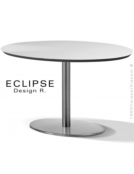 Table ovale ECLIPSE sur pied central inox, plateau stratifié HPL blanc., chant plateau couleur noir.