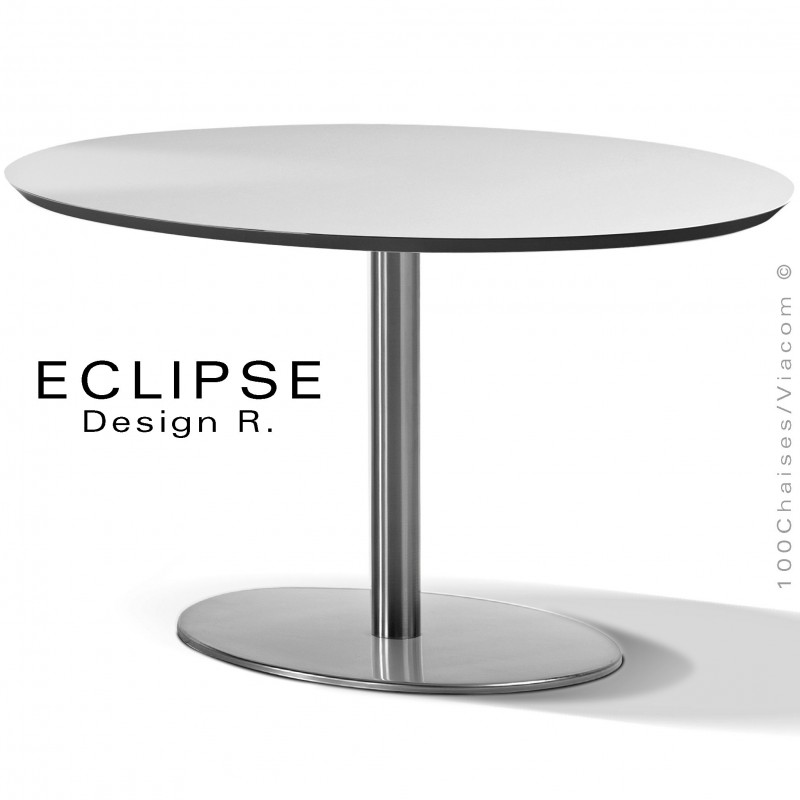 Table ovale ECLIPSE sur pied central inox, plateau stratifié HPL blanc., chant plateau couleur noir.