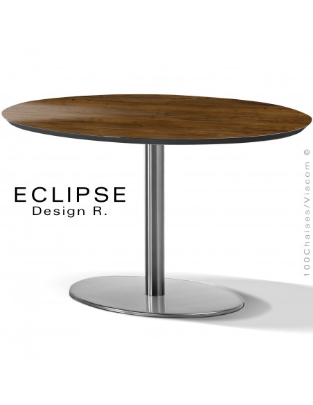 Table ovale ECLIPSE sur pied central inox, plateau stratifié HPL chêne foncé, chant plateau couleur noir.