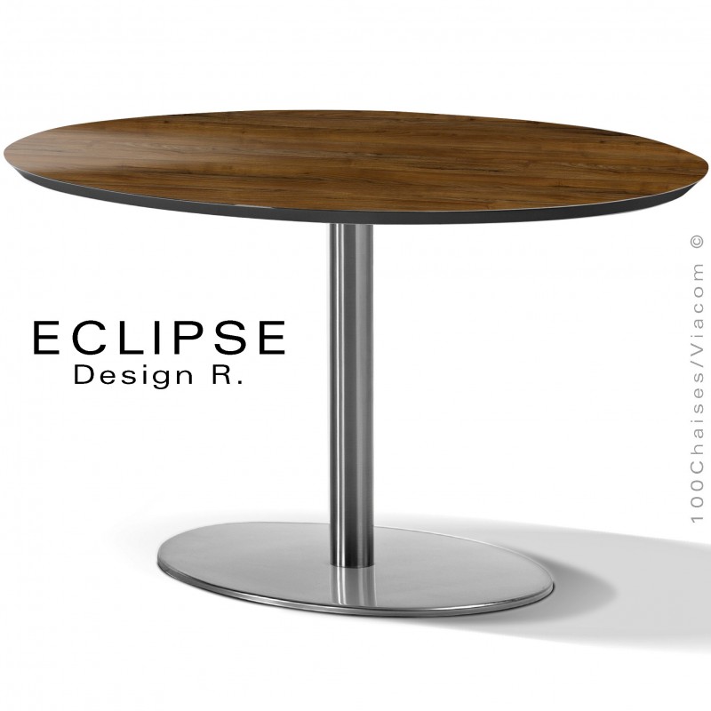 Table ovale ECLIPSE sur pied central inox, plateau stratifié HPL chêne foncé, chant plateau couleur noir.