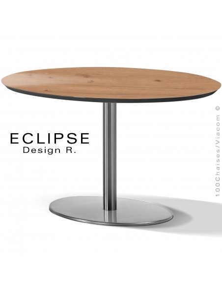 Table ovale ECLIPSE sur pied central inox, plateau stratifié HPL chêne Vendôme, chant plateau couleur noir.