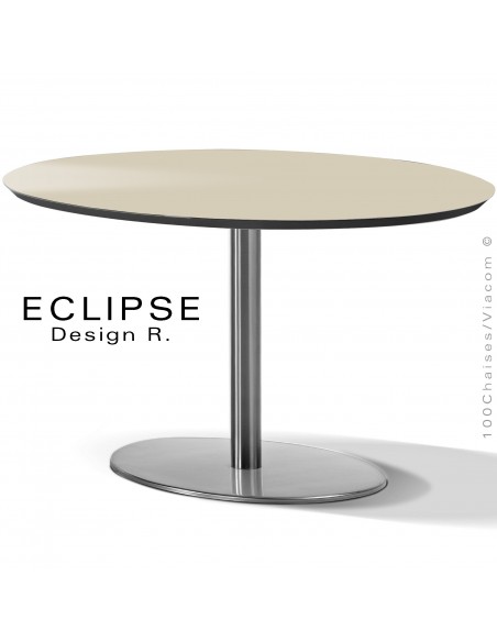 Table ovale ECLIPSE sur pied central inox, plateau stratifié HPL crème, chant plateau couleur noir.