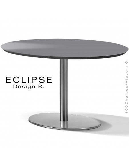 Table ovale ECLIPSE sur pied central inox, plateau stratifié HPL gris foncé, chant plateau couleur noir.